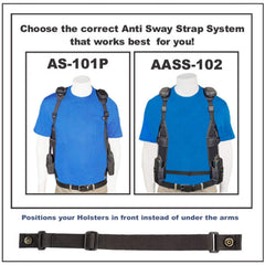 Two mannequins wearing different anti-sway strap systems AS-101P and AASS-102 with text and a belt at the bottom.