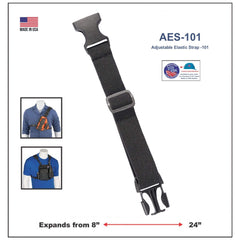 Black adjustable elastic strap 101 with a buckle on a white background, labeled AES-101.