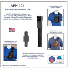 AFH-104 Adjustable Flashlight Holster product description with images of usage on mannequins.