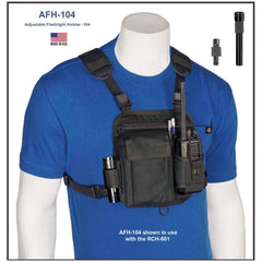Black adjustable flashlight holster AFH-104 on a mannequin wearing a blue shirt with flashlights attached.