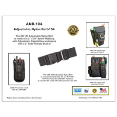 Advertisement for ANB-104 adjustable nylon belt with product details and usage information.
