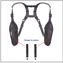 Black safety harness with tool pouches and AS-101P strap with snap mechanisms on a white background