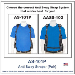 Two mannequins wearing anti-sway strap systems AS-101P with text and branding on a white background.