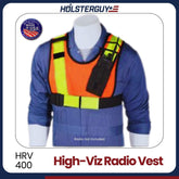 High-visibility radio vest HRV-400 on a mannequin with 'HOLSTERGUY' branding.