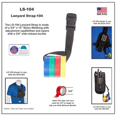 LS-104 lanyard strap with specifications and usage examples on a white background