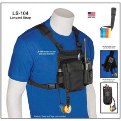 Black tactical vest with lanyard strap LS-104 on a mannequin wearing a blue shirt, with inset images showing its use.