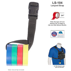 Lanyard strap LS-104 with colorful labels and a mannequin wearing a harness with the strap.