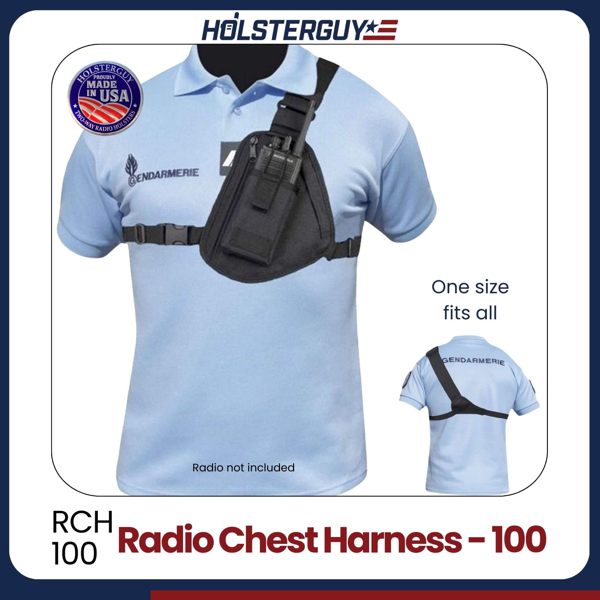 Radio chest harness 100 on a mannequin with 'HOLSTERGUY' branding and product details.