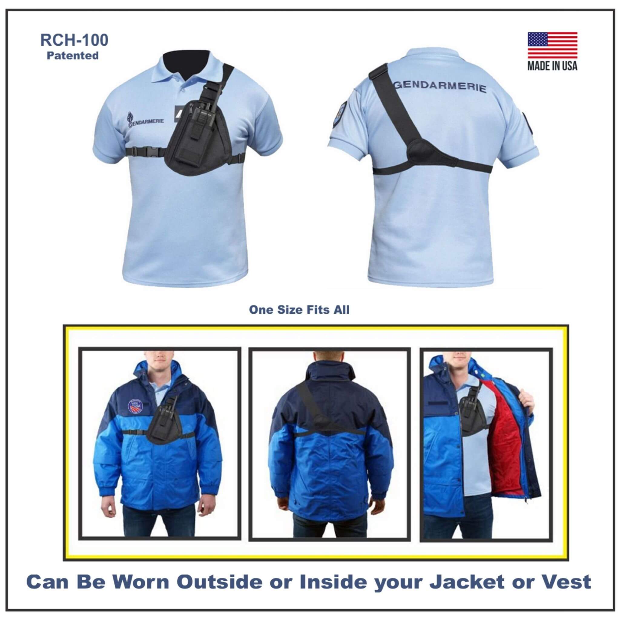 Product display of a blue shirt with radio chest shoulder harness 100 and jacket, labeled 'Gendarmerie', made in USA.