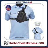 Radio chest harness 100 on a mannequin with 'HOLSTERGUY' branding and product details.