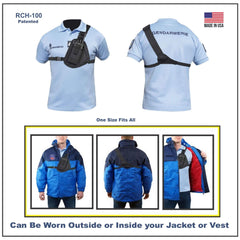 Product display of a blue shirt with radio chest shoulder harness 100 and jacket, labeled 'Gendarmerie', made in USA.