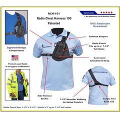 Radio chest harness 100 with features highlighted on a blue shirt background