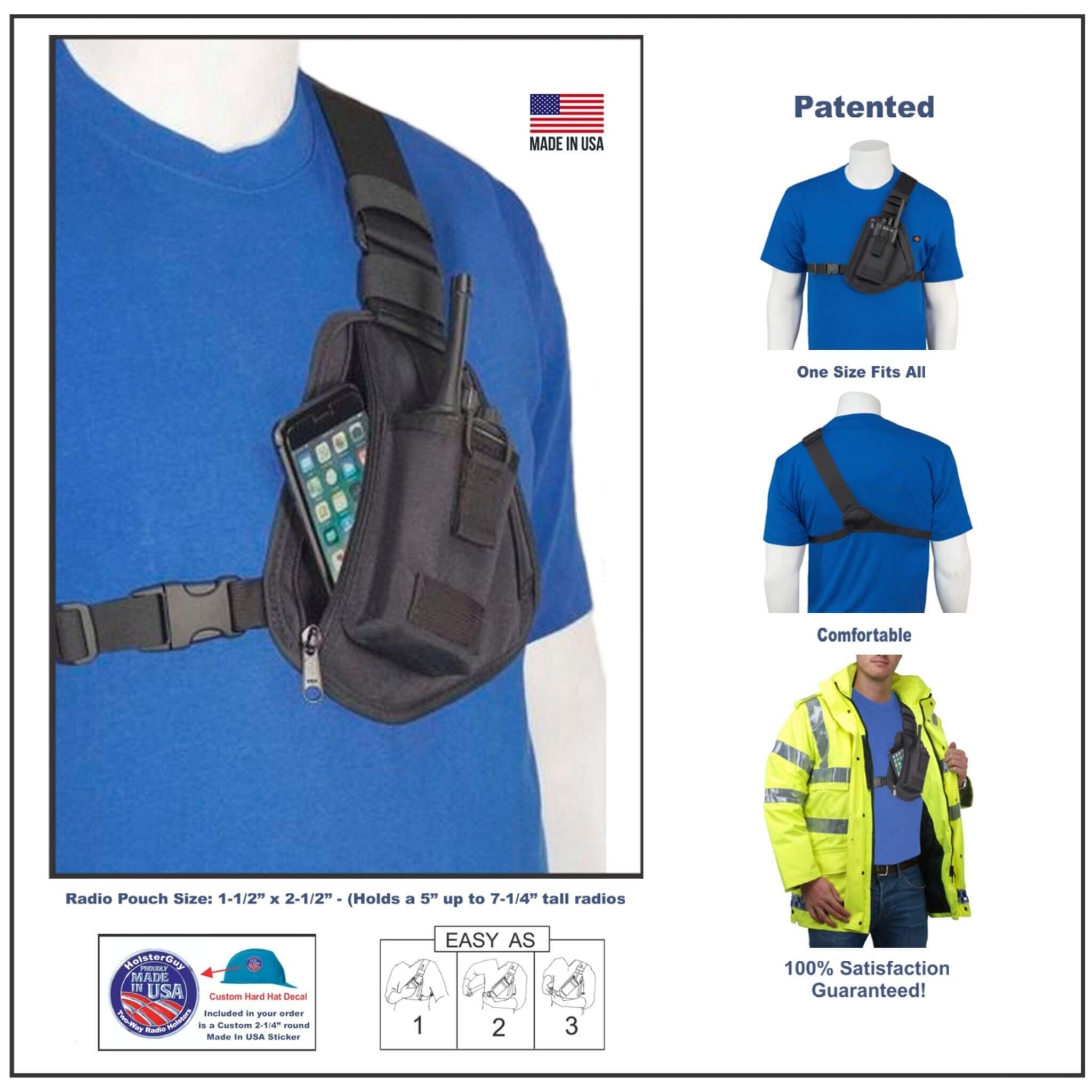 Black radio pouch RCH-100 with phone on a mannequin wearing a blue shirt, with additional images and text about the product.