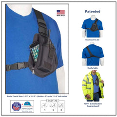 Black radio pouch RCH-100 with phone on a mannequin wearing a blue shirt, with additional images and text about the product.