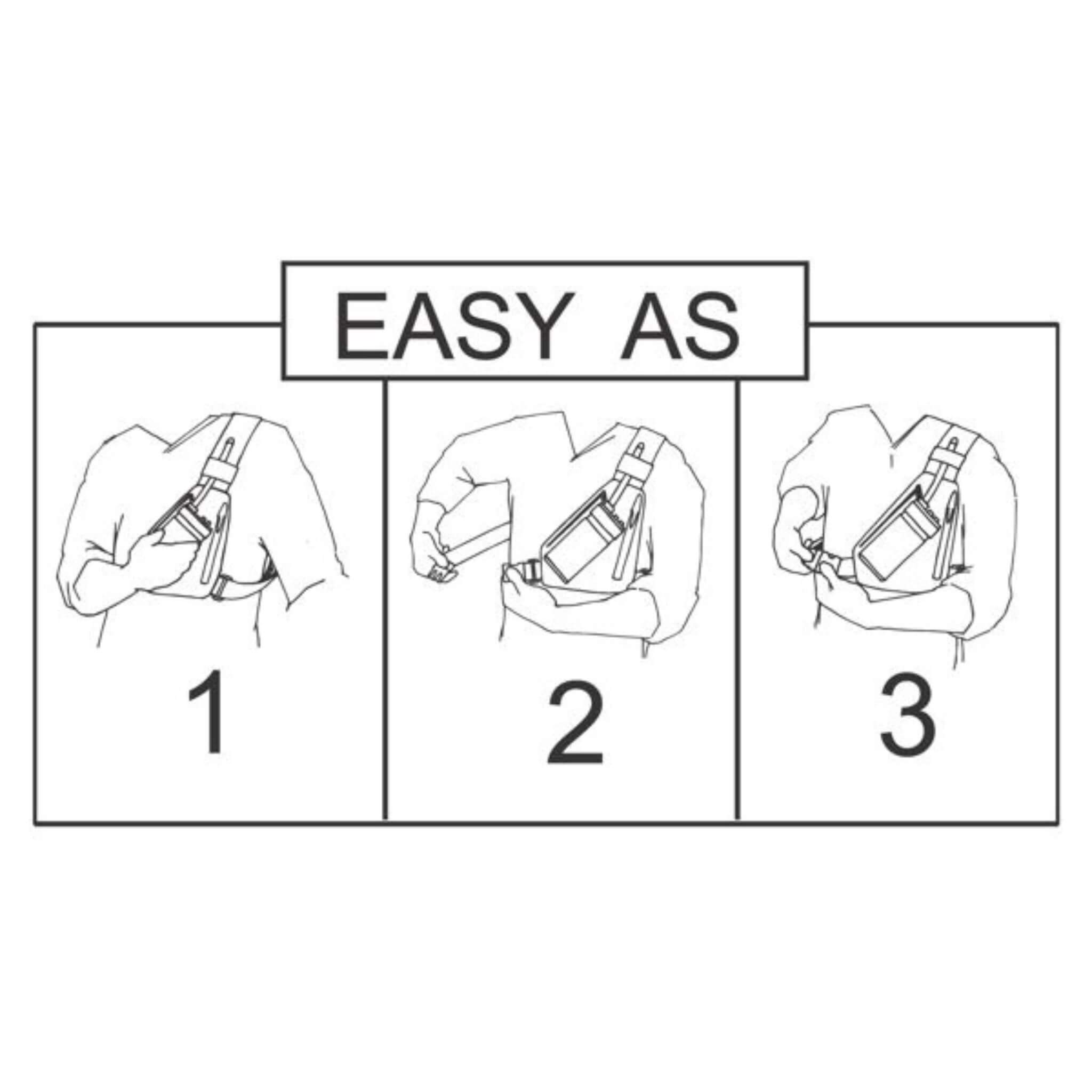 Step-by-step illustration showing how to use a seat belt with 'EASY AS' text above.