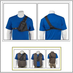 Blue shirt with black shoulder bag RCH-101B Holsterguy radio chest harness on mannequin, shown from front and back, with additional views of vest and bag.