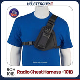 Black Holsterguy radio chest harness RCH-101B on a mannequin with a blue shirt, featuring the HolsterGuy logo.