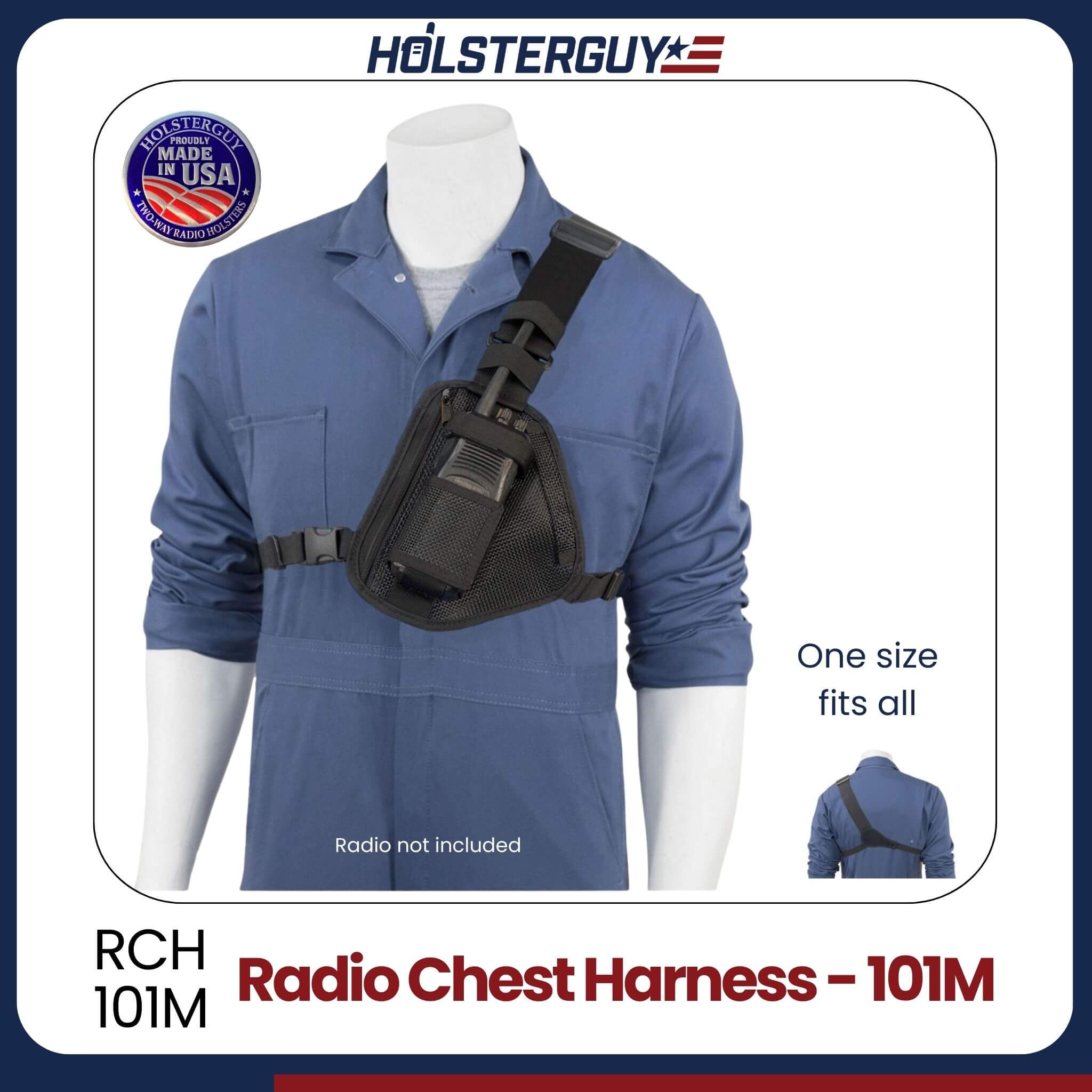 Blue coverall with black radio chest harness 101M on a mannequin, featuring Holsterguy branding.