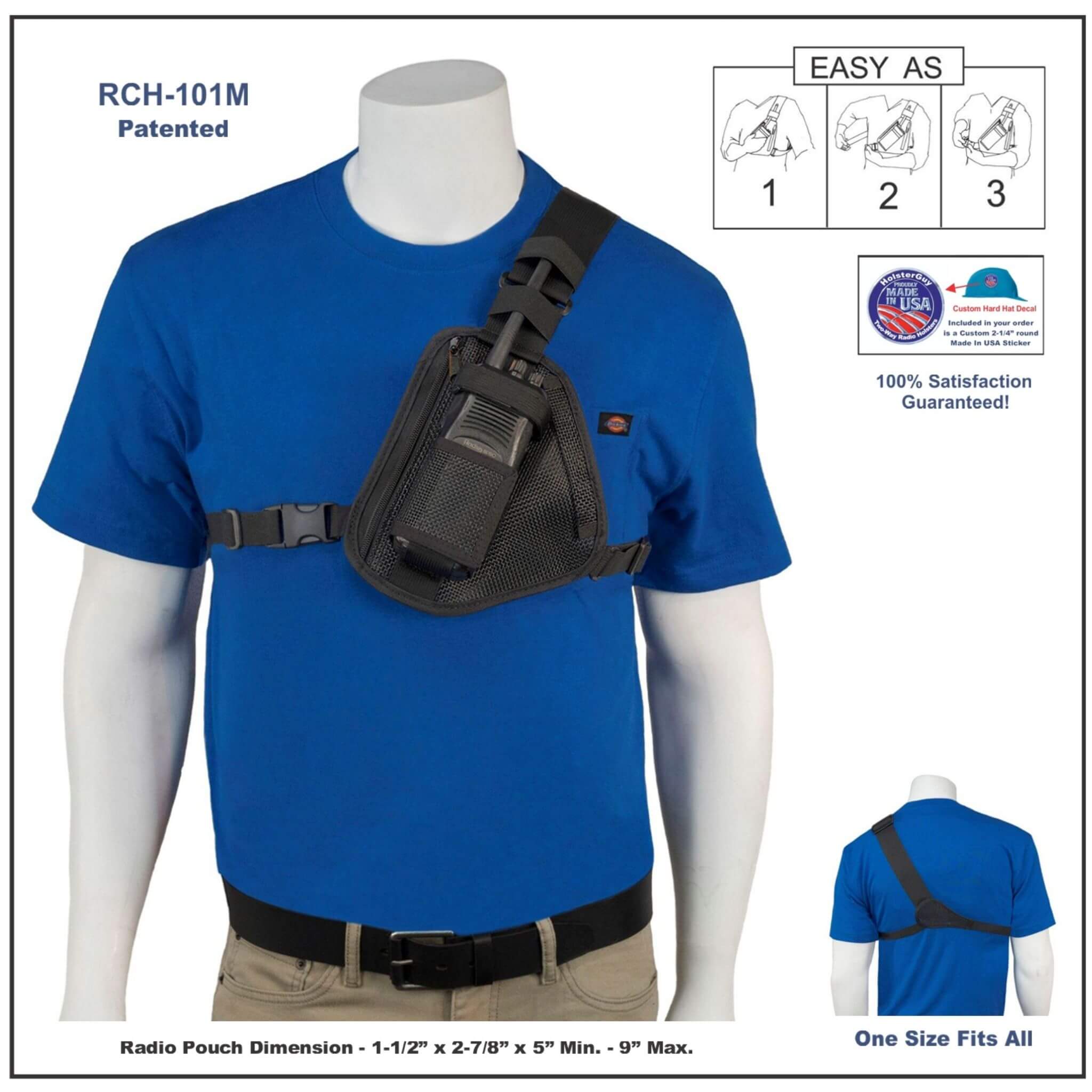 Black radio pouch RCH-101M on a blue t-shirt worn by a mannequin, with product details and branding on a white background.