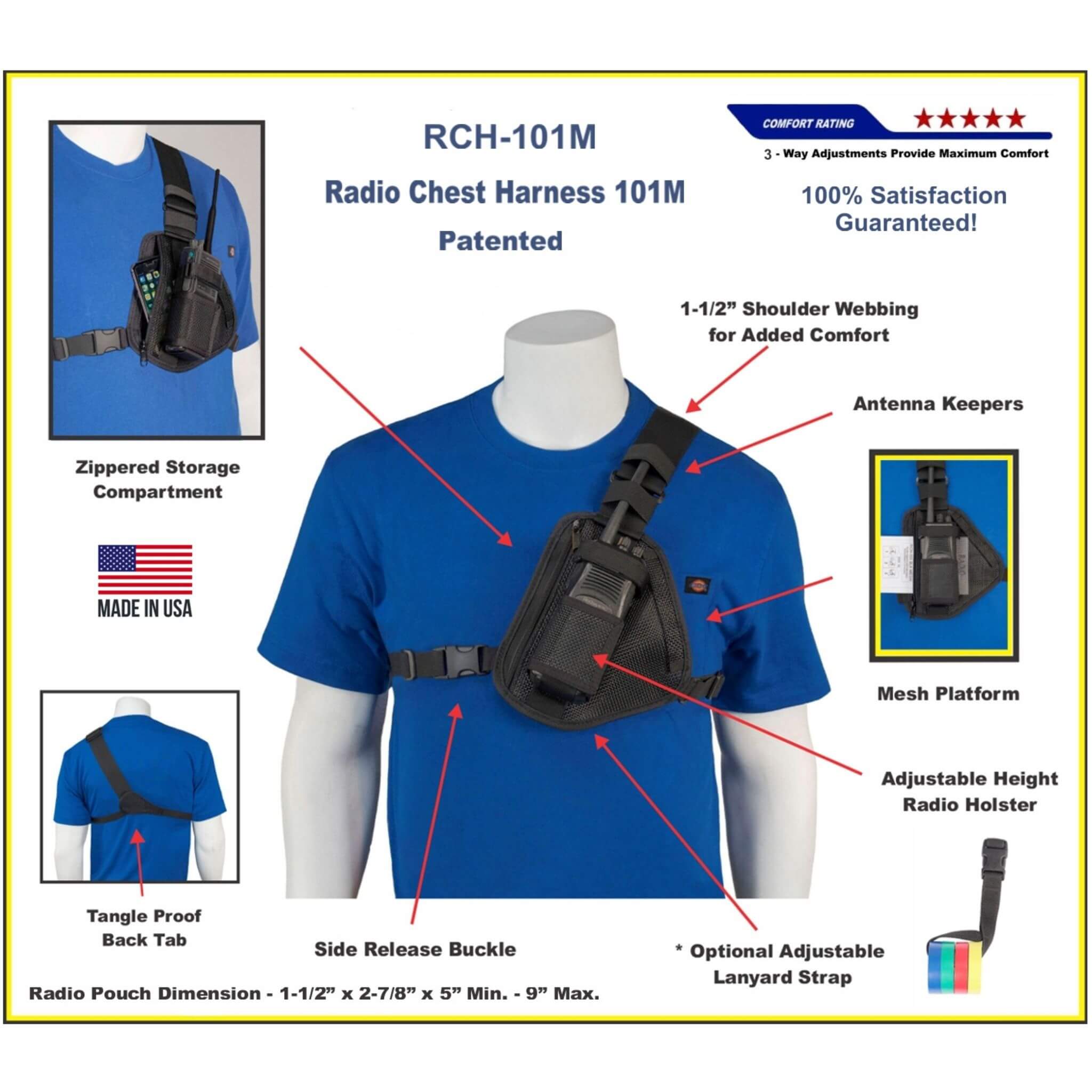 Radio chest harness 101M with features highlighted on a mannequin wearing a blue shirt.