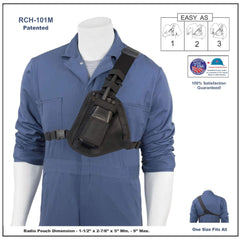 Black radio pouch RCH-101M on a mannequin with blue coveralls, featuring patent information and satisfaction guarantee.