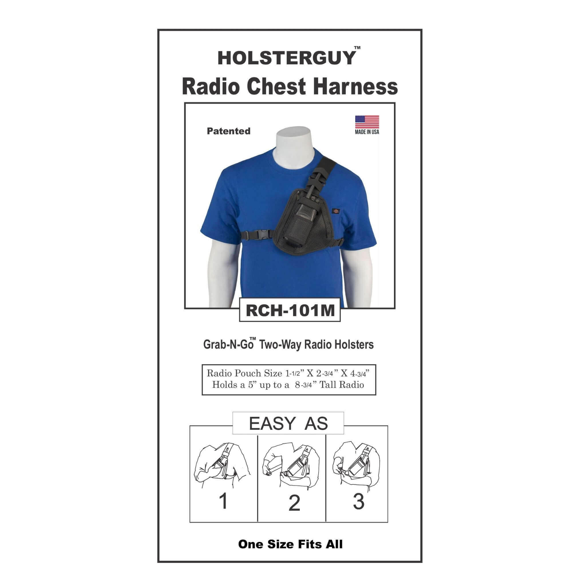 HolsterGuy Radio Chest Harness 101M packaging with a mannequin wearing a blue shirt and black harness.