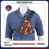 Radio chest harness 101ORU with Holsterguy branding on a mannequin wearing a blue coverall.
