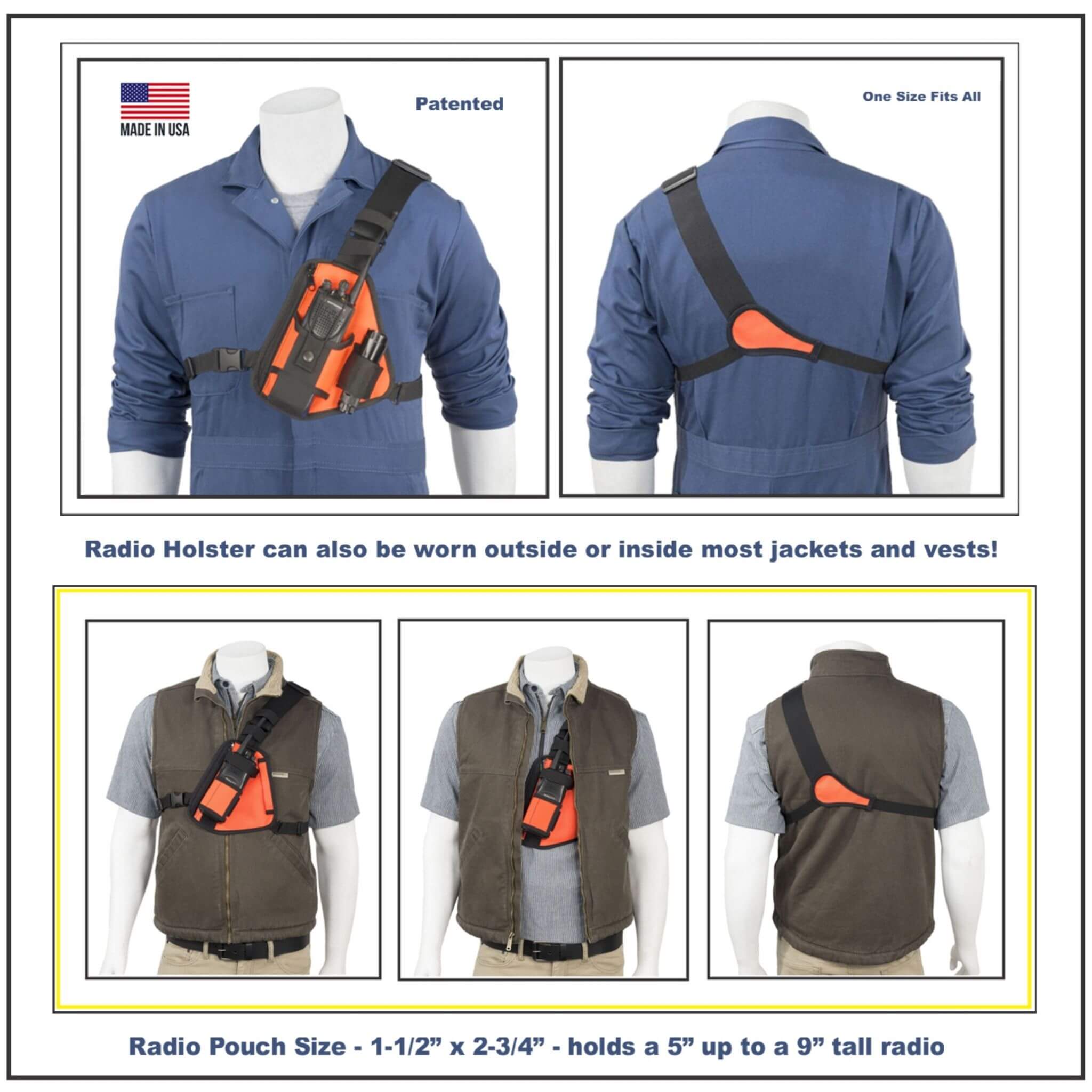 Radio holster RCH-101ORU with blue jacket and brown vest on mannequins, showing front and back views.