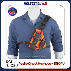 Radio chest harness 101ORU with Holsterguy branding on a mannequin wearing a blue coverall.
