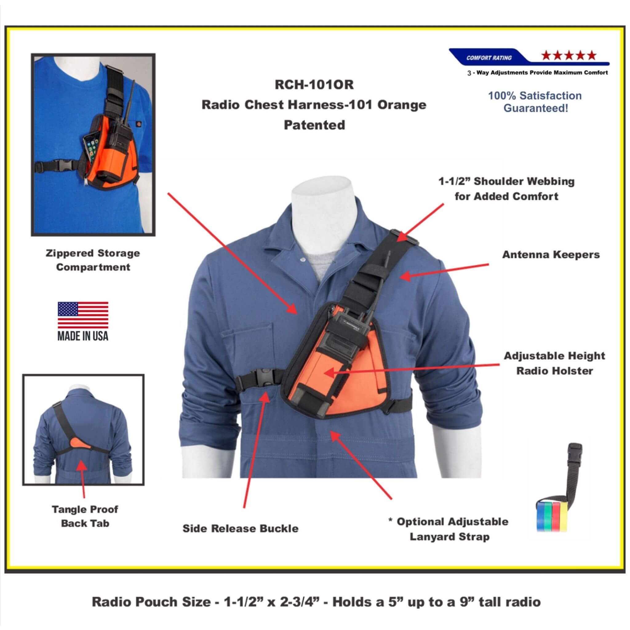 Radio chest harness 101OR with features highlighted on a white background