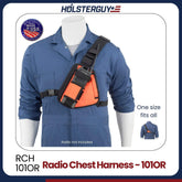 Blue coverall with orange radio chest harness 101OR on a mannequin, featuring HolsterGuy branding.