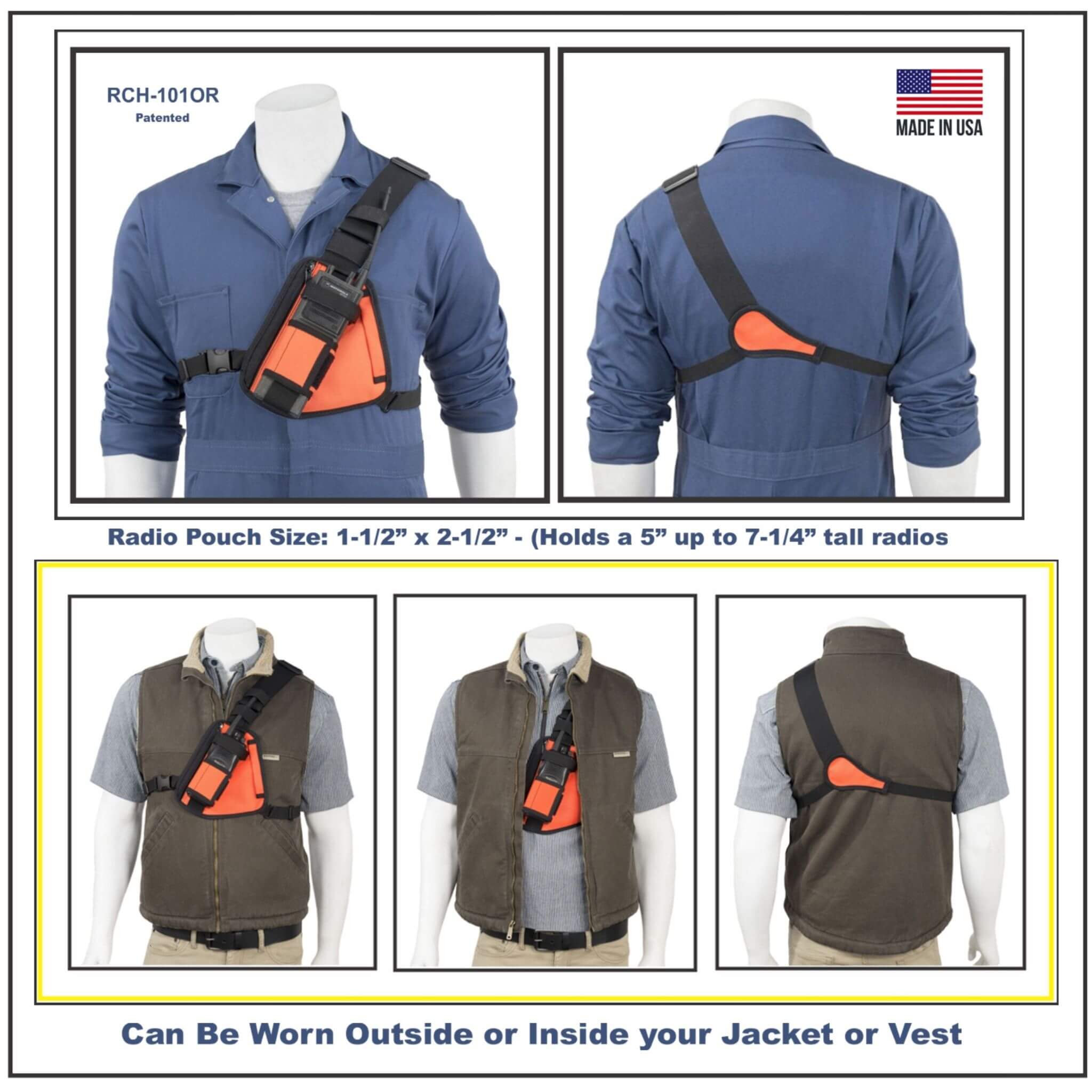 Vest with radio pouch RCH-101OR on mannequins, labeled 'Made in USA'.