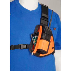 Orange and black walkie-talkie RCH-101OR with a phone attached to a blue shirt