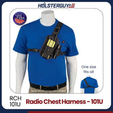 Mannequin wearing a blue shirt with a black radio chest harness 101U, branded 'HOLSTERGUY'.