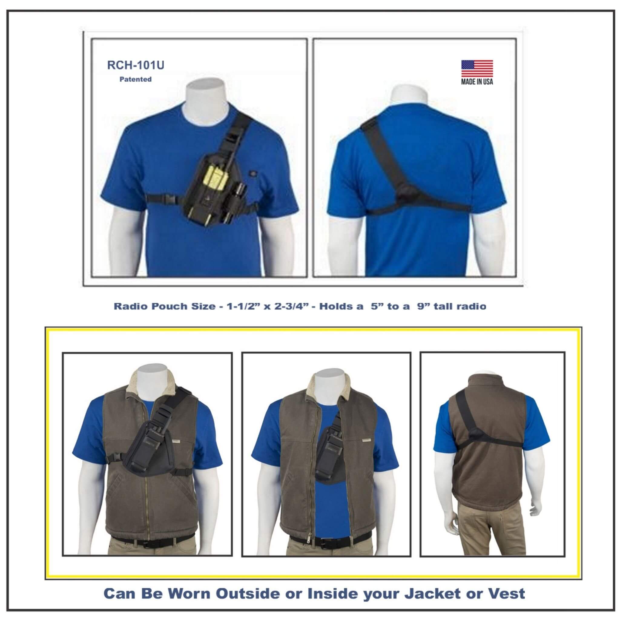 Product display of a radio pouch system RCH-101U on mannequins with text detailing features and usage.