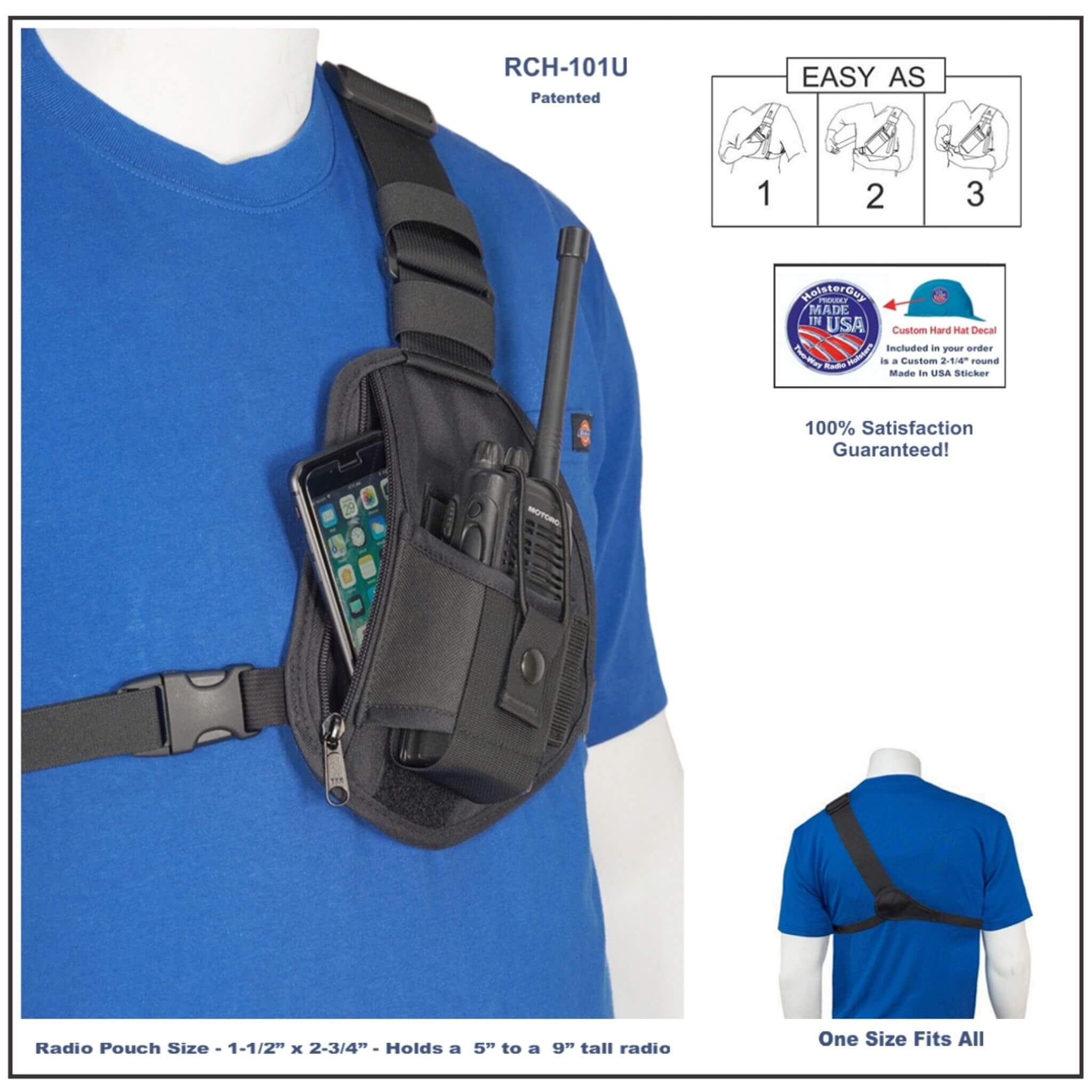 Black radio chest harness 101U on a mannequin with blue shirt, featuring patent information and satisfaction guarantee text.