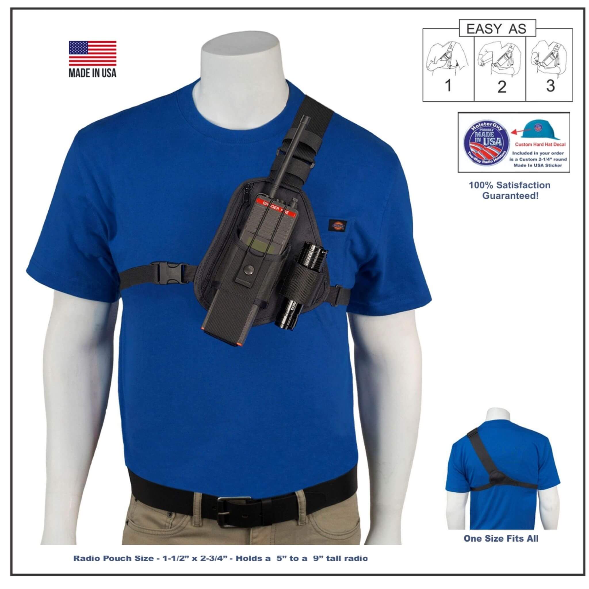 Mannequin wearing a blue t-shirt with a black radio chest harness 101U on a white background
