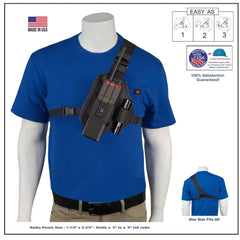 Mannequin wearing a blue t-shirt with a black radio chest harness 101U on a white background