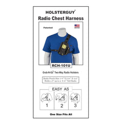 HolsterGuy Radio Chest Harness 101U packaging with a mannequin wearing the harness on a white background.
