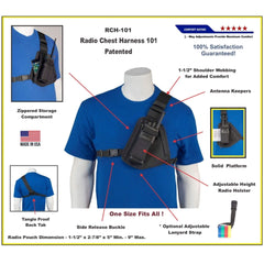 Radio chest harness 101 on a mannequin with feature highlights and product details.