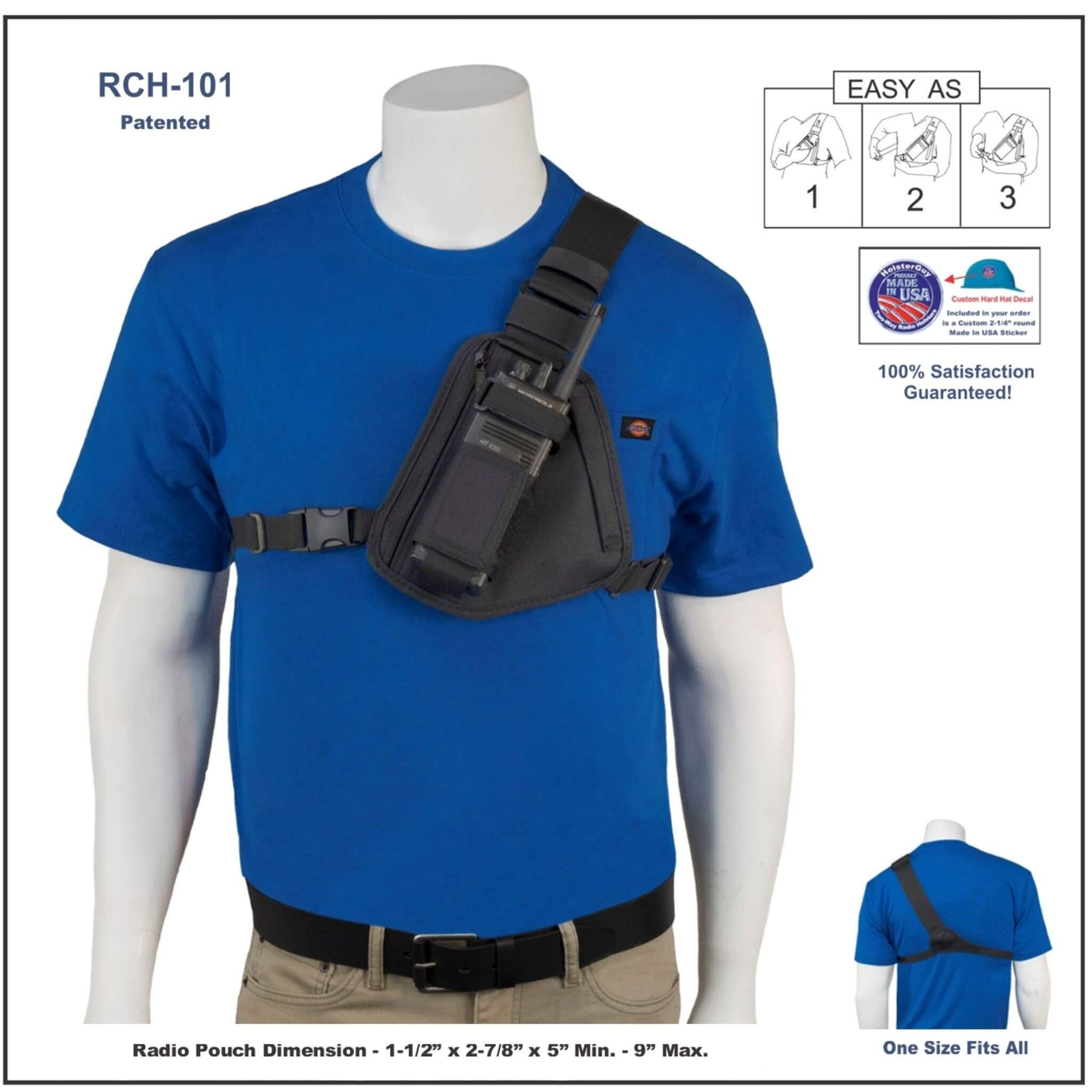 Mannequin wearing a blue t-shirt with a black radio pouch, labeled RCH-101.