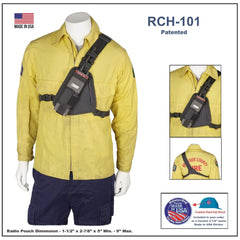 Yellow fire-resistant suit with black radio pouch on a mannequin, featuring 'RCH-101' and 'Made in USA' text.