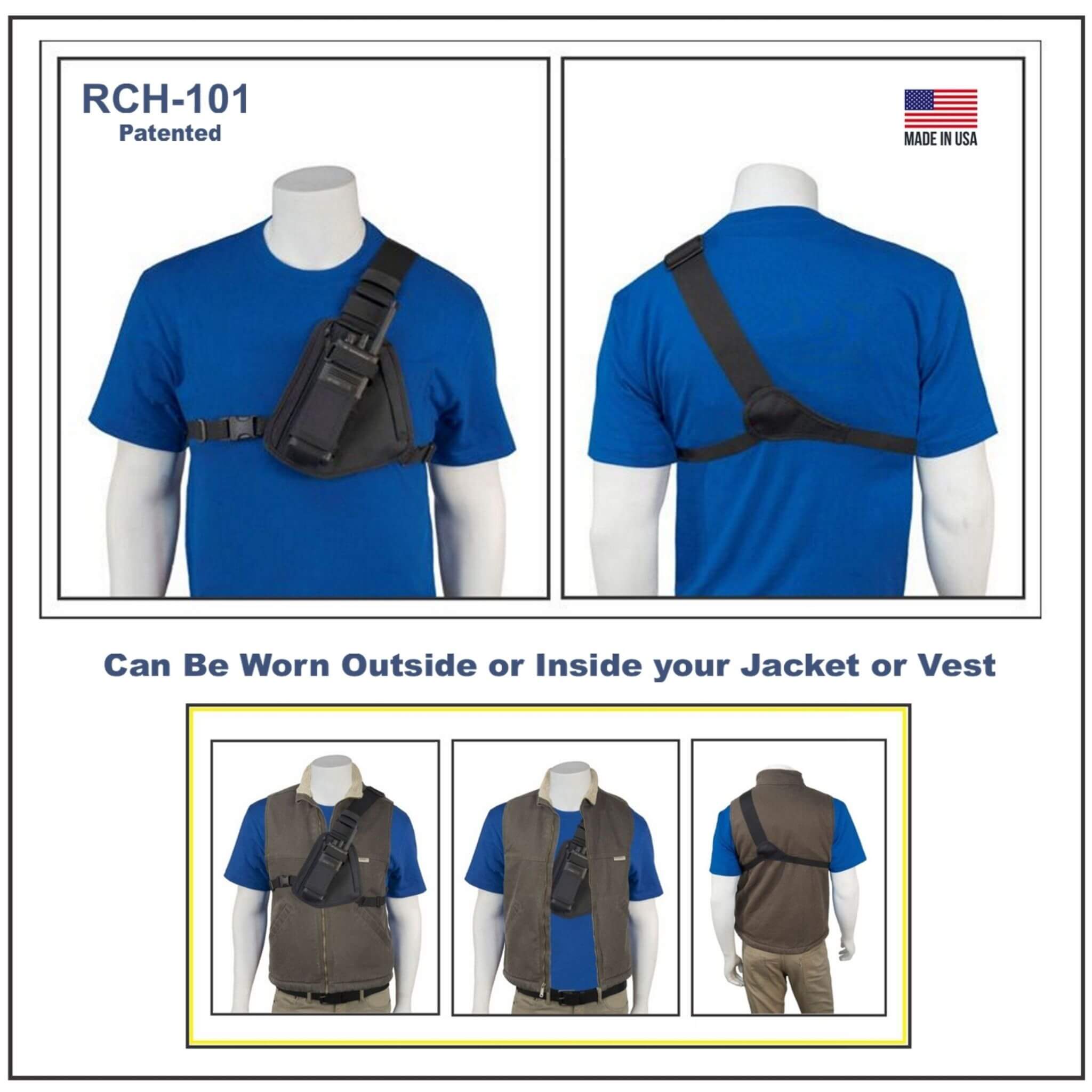 Black shoulder bag RCH-101 worn by mannequins against a blue shirt background, with text indicating 'Made in USA'.