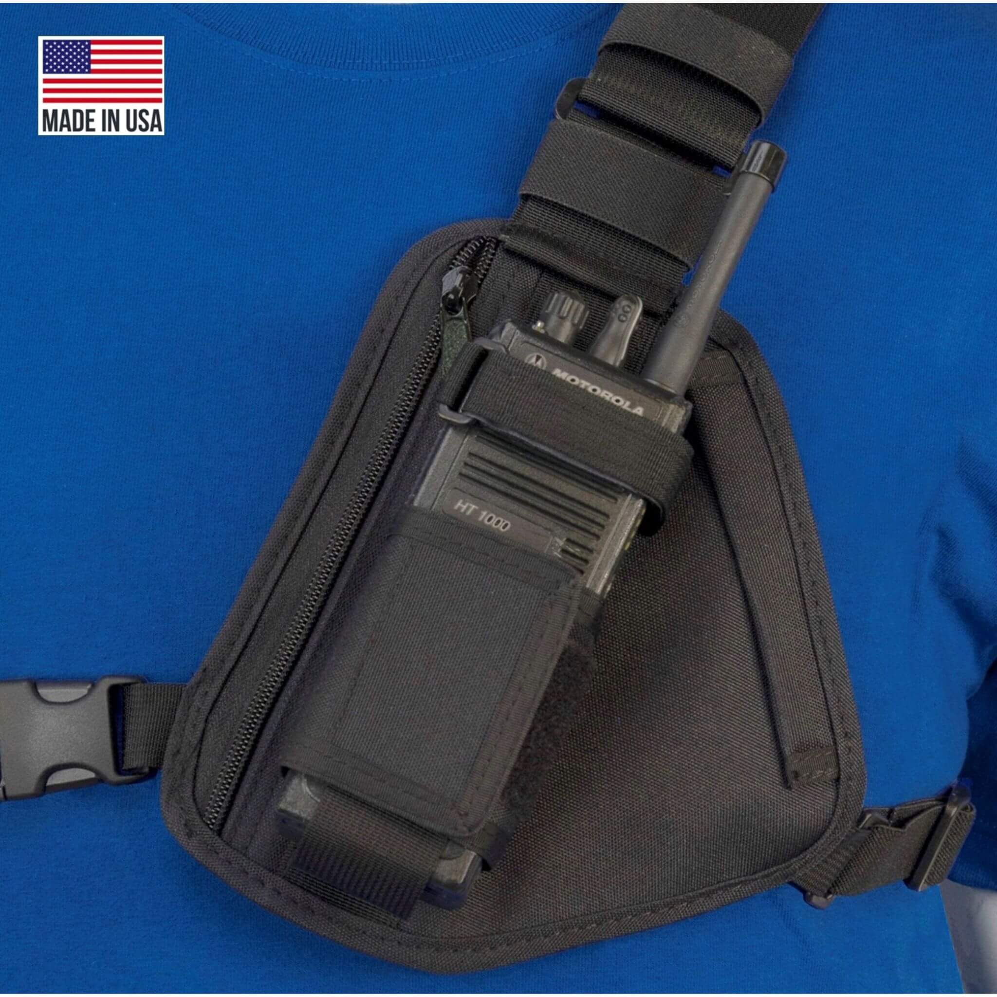 Black shoulder bag RCH-101 with Motorola radio on a blue background, featuring 'Made in USA' label.