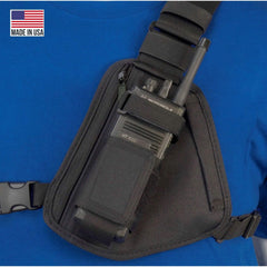 Black shoulder bag RCH-101 with Motorola radio on a blue background, featuring 'Made in USA' label.