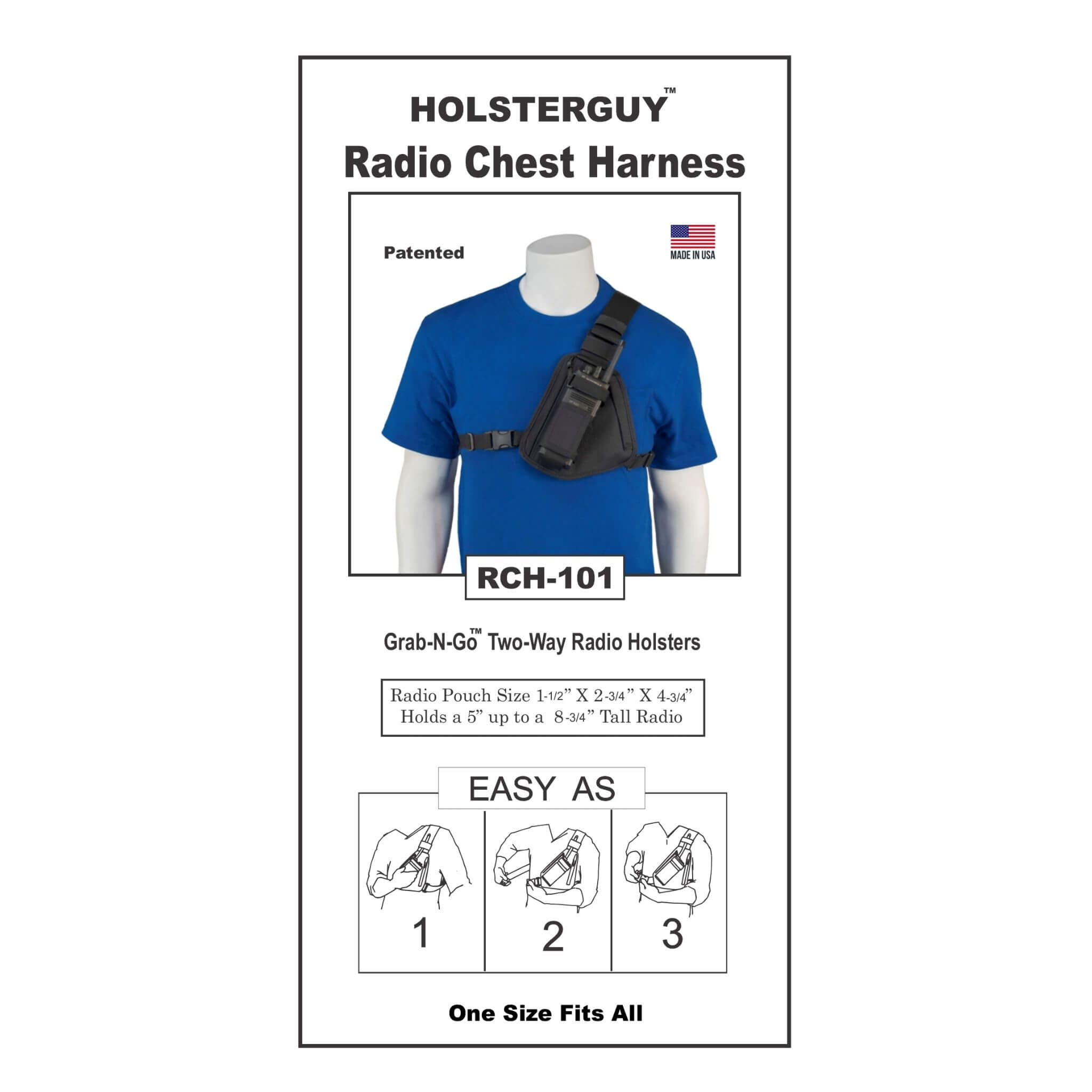 HolsterGuy Radio Chest Harness 101 packaging with a mannequin wearing the harness.