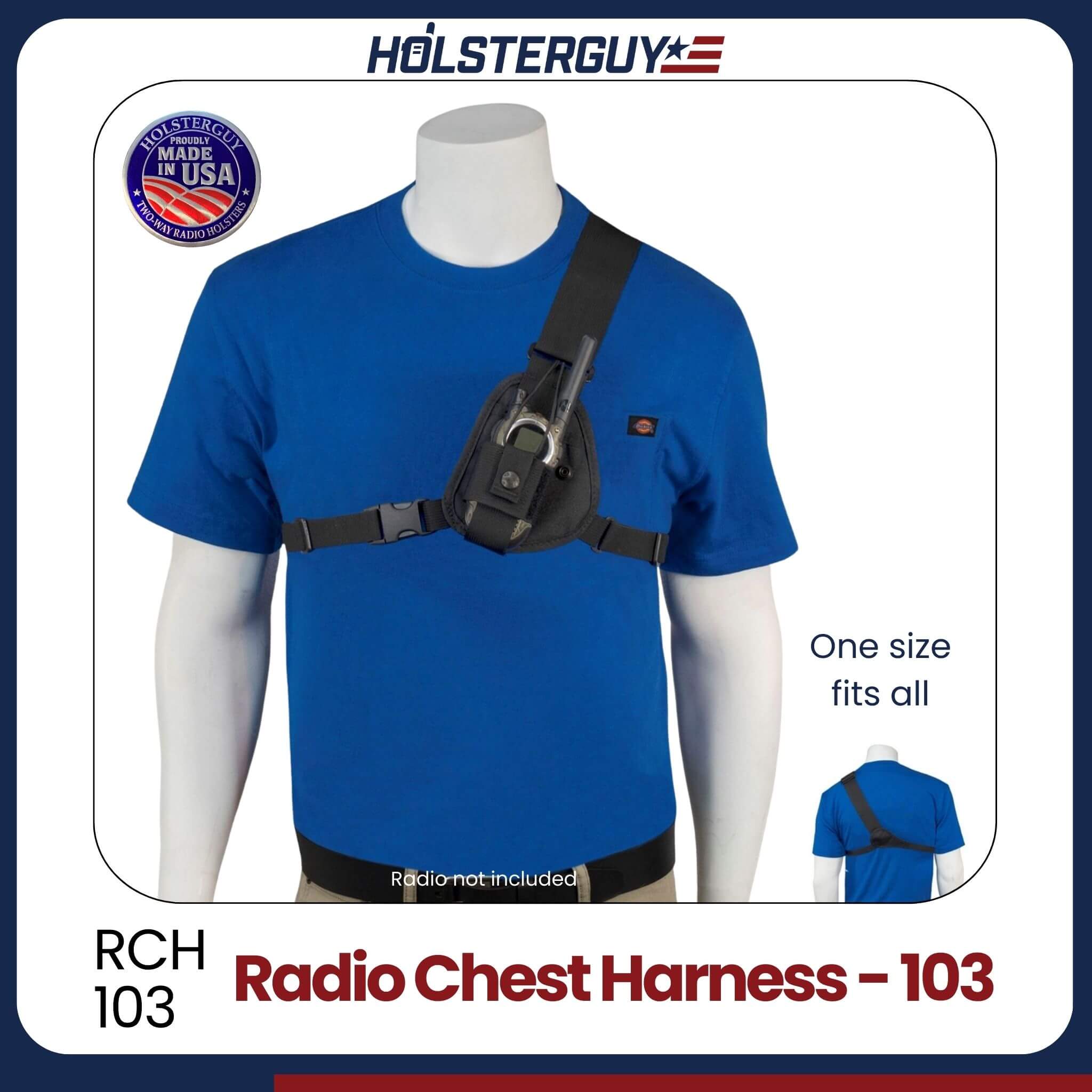 Radio chest harness 103 on a mannequin with HolsterGuy branding