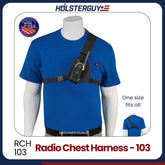 Radio chest harness 103 on a mannequin with HolsterGuy branding