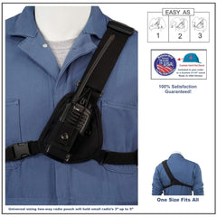 Blue jacket with a black two-way radio chest harness 103 on a white background