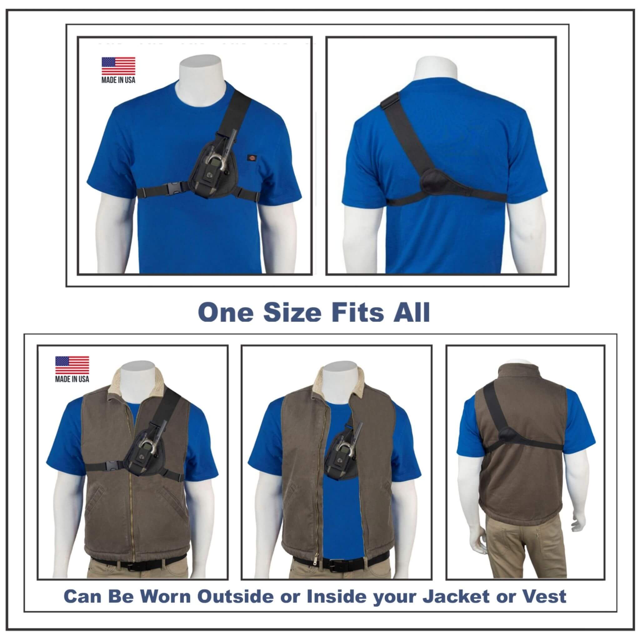 Mannequin display of a blue shirt with a black radio chest harness 103 and brown vest, labeled 'One Size Fits All'.